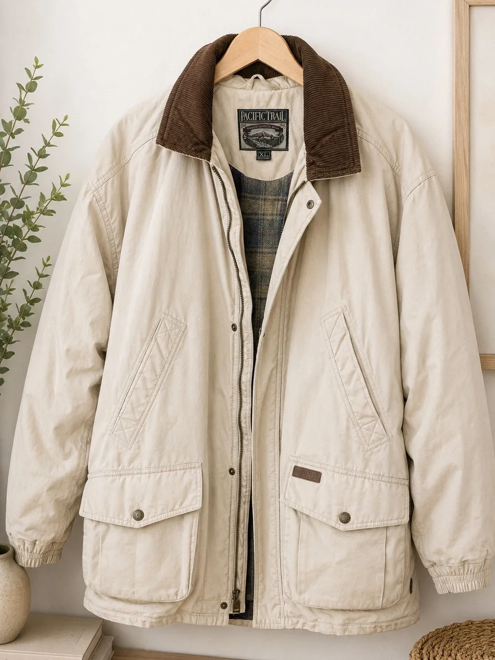 Pacific Trail Men’s Cream Jacket with Brown Corduroy Collar Size XL